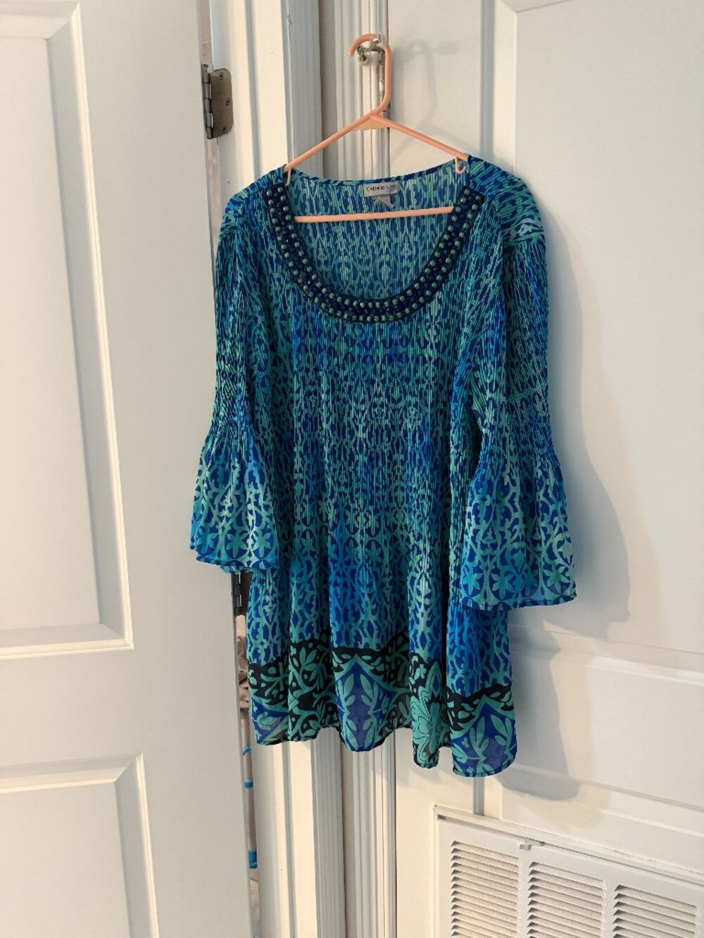 Gently Used - Catherines Blue & Green Beaded Tunic Bell Sleeves Size 4X